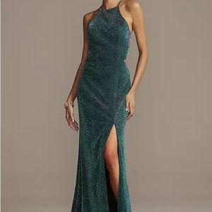Glittery high neck mermaid gown with lace-up back teal metallic juniors …